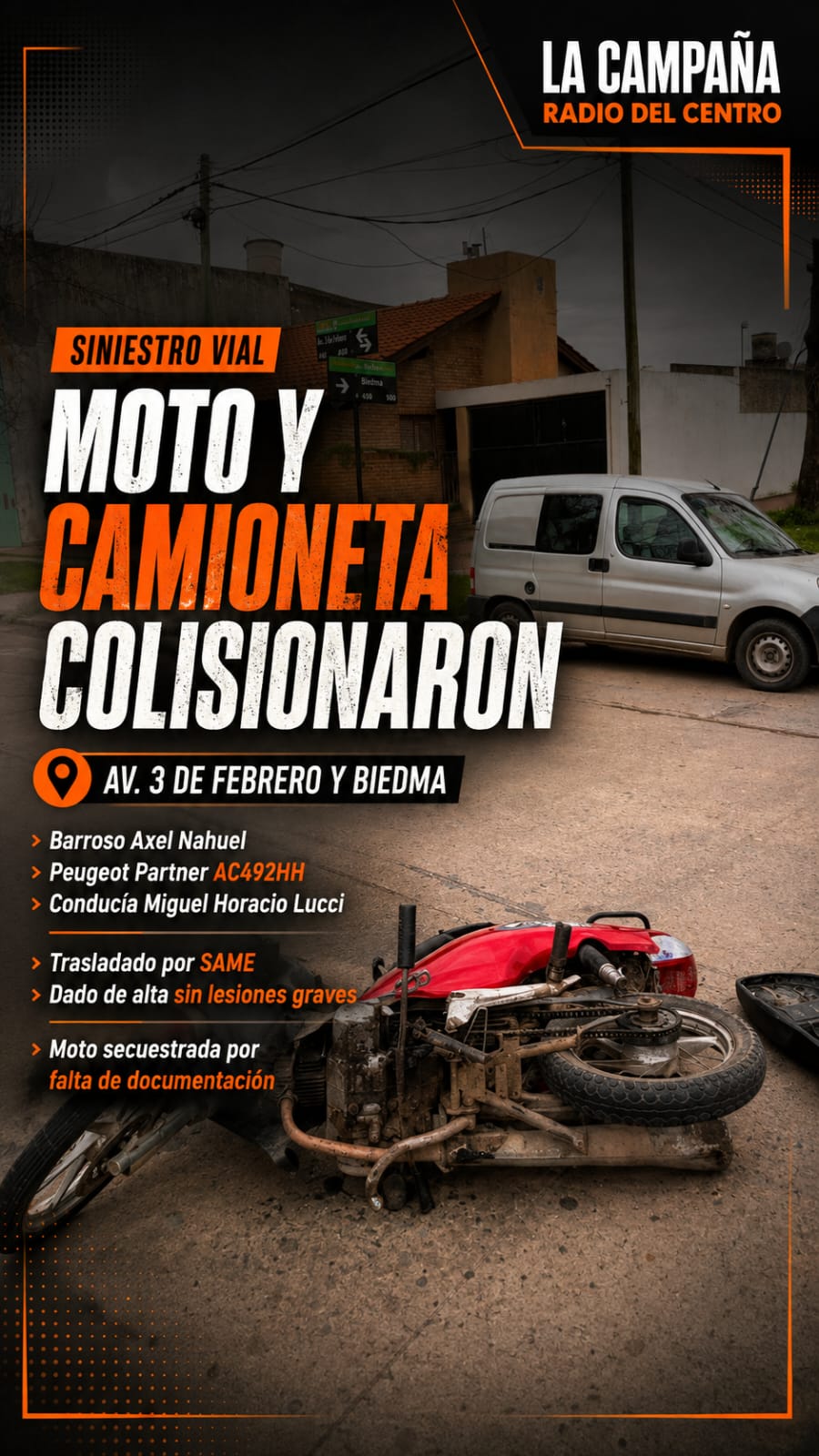 Choque de moto y camioneta en Avenida 3 de Febrero y Biedma