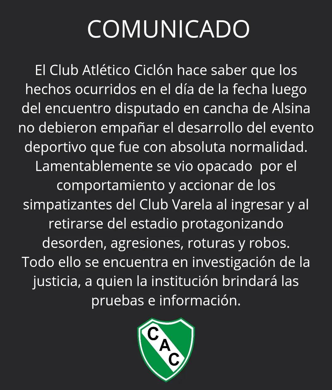 Incidentes: Ciclón apuntó contra el ‘comportamiento y accionar de los hinchas de Varela’ y Varela aduce que se retiraban pacíficamente pero fueron “amedrentados por los hinchas de Ciclón”