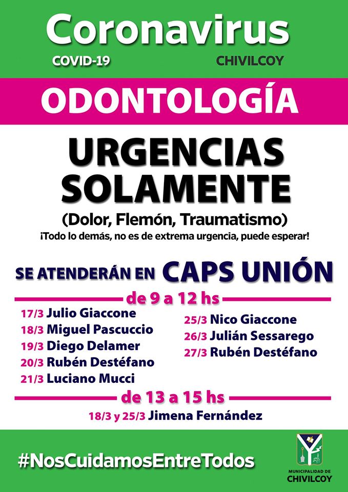 ‘CAPS’ Unión
Guardias odontológicas, únicamente por urgencias