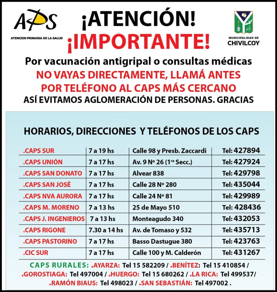 APS
Solicitan que llamen por teléfono antes de vacunarse contra la gripe o por consultas médicas