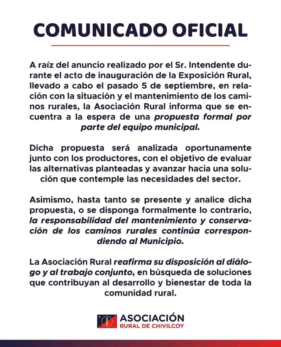 La Asociación Rural espera una propuesta del Municipio por los caminos rurales