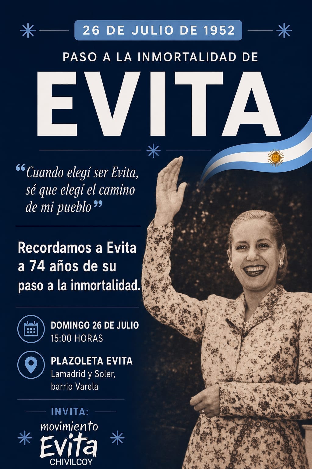 El Movimiento Evita invita al homenaje por el 74.º aniversario del paso a la inmortalidad de Eva Perón, símbolo de justicia social, solidaridad y compromiso con el pueblo.