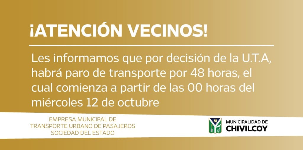Paro de transporte durante 48 horas, no funcionará el servicio de colectivos locales