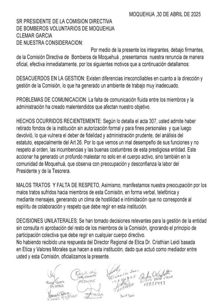En medio de una gran polémica: Renunciaron miembros de la Comisión Directiva de Bomberos de Moquehuá