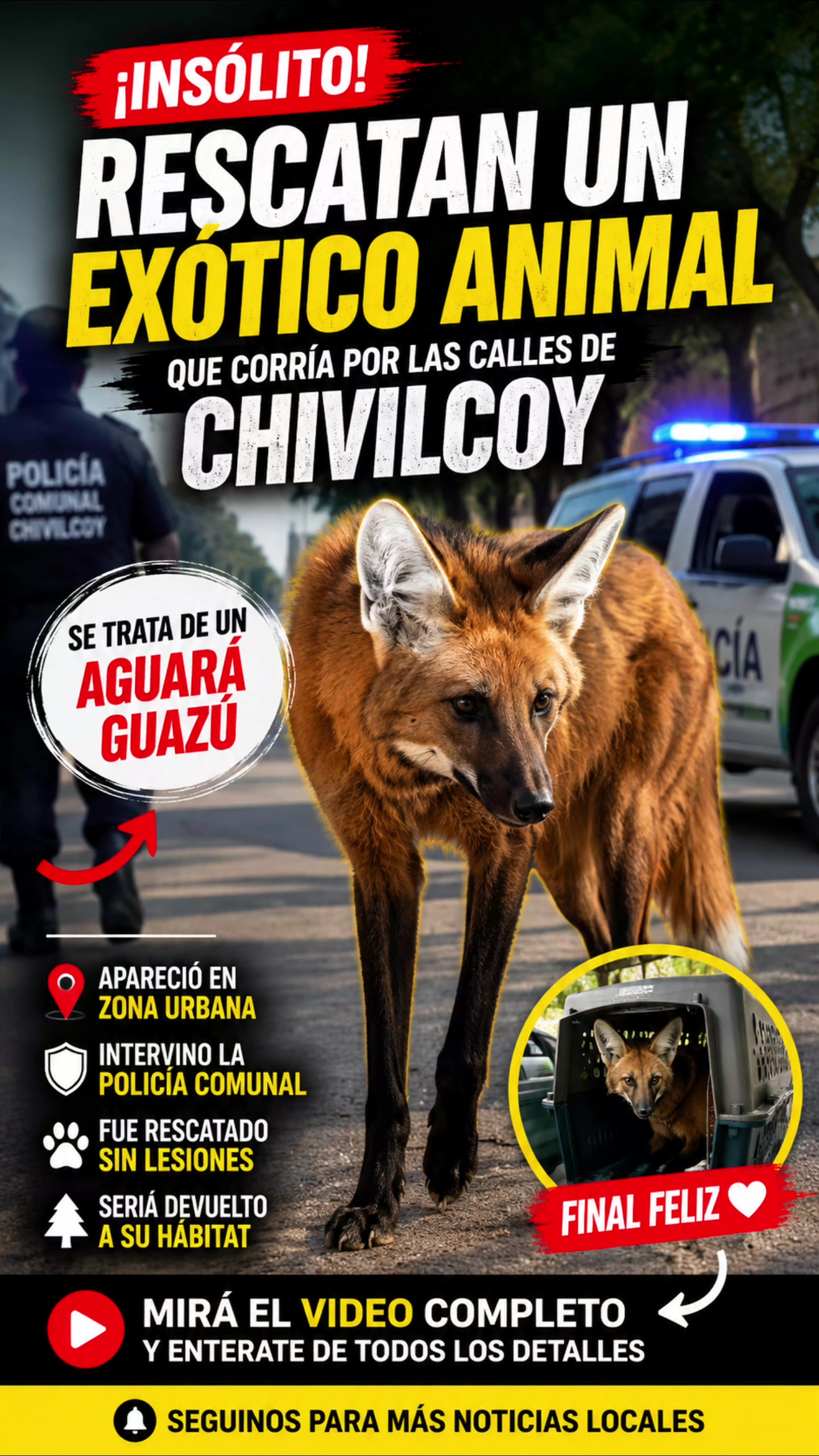 Rescataron un aguará guazú que corría por las calles de Chivilcoy