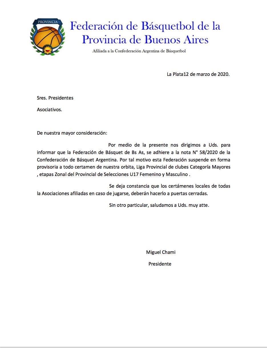 Básquet
La Federación de la Provincia de Buenos Aires suspendió en forma provisoria todos sus certám