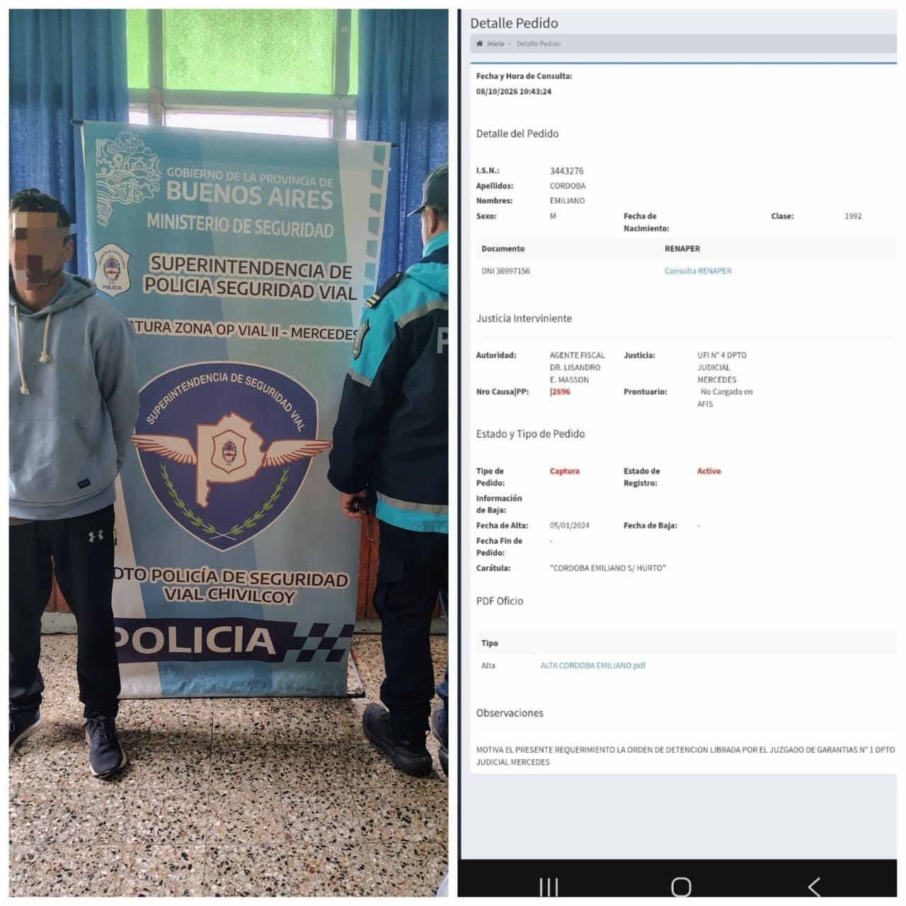 APREHENDIERON a un hombre que tenía pedido de captura por hurto