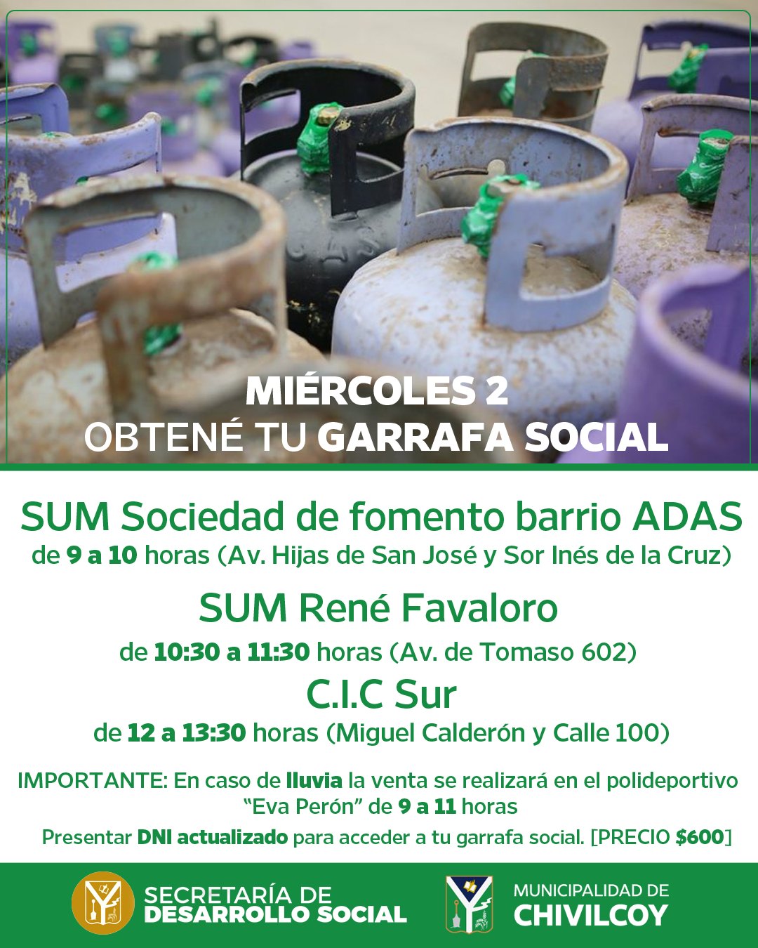 Venta de la garrafa social en tres puntos de Chivilcoy