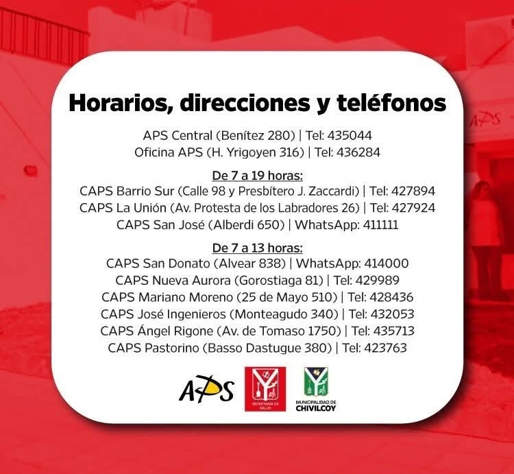 Publican la guía actualizada de horarios y contactos de los CAPS en Chivilcoy