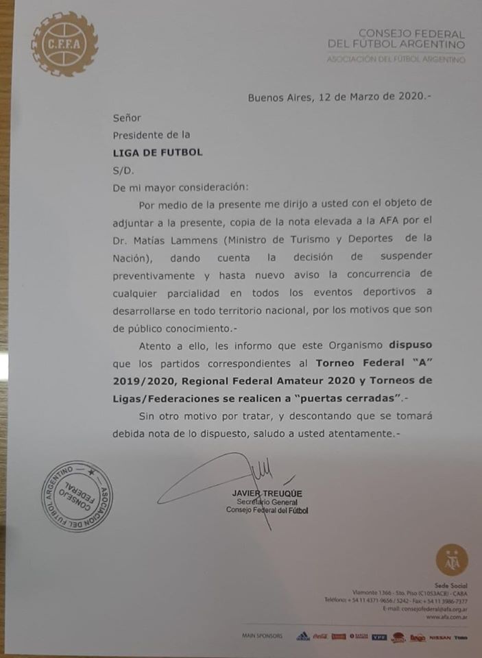 Fútbol
Todos los encuentros del país incluidos Federal A, Regional y Ligas se disputarán a puertas c