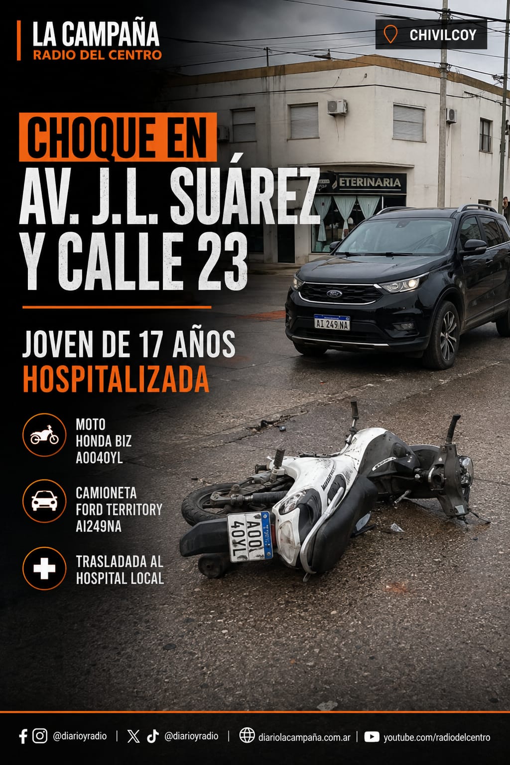 Choque en avenida J. L. Suárez y calle 23: una joven de 17 años fue hospitalizada