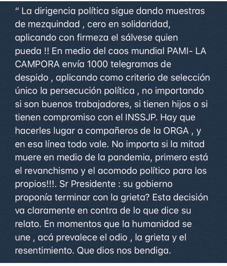 Denuncia de Cambiemos
“En medio del caos mundial, PAMI – La Cámpora envía 100 telegramas de despido”