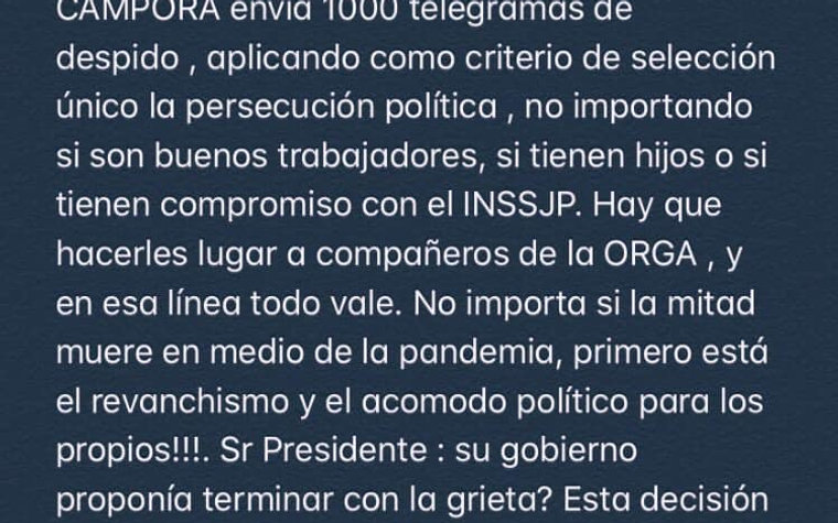 Denuncia de Cambiemos
“En medio del caos mundial, PAMI – La Cámpora envía 100 telegramas de despido”