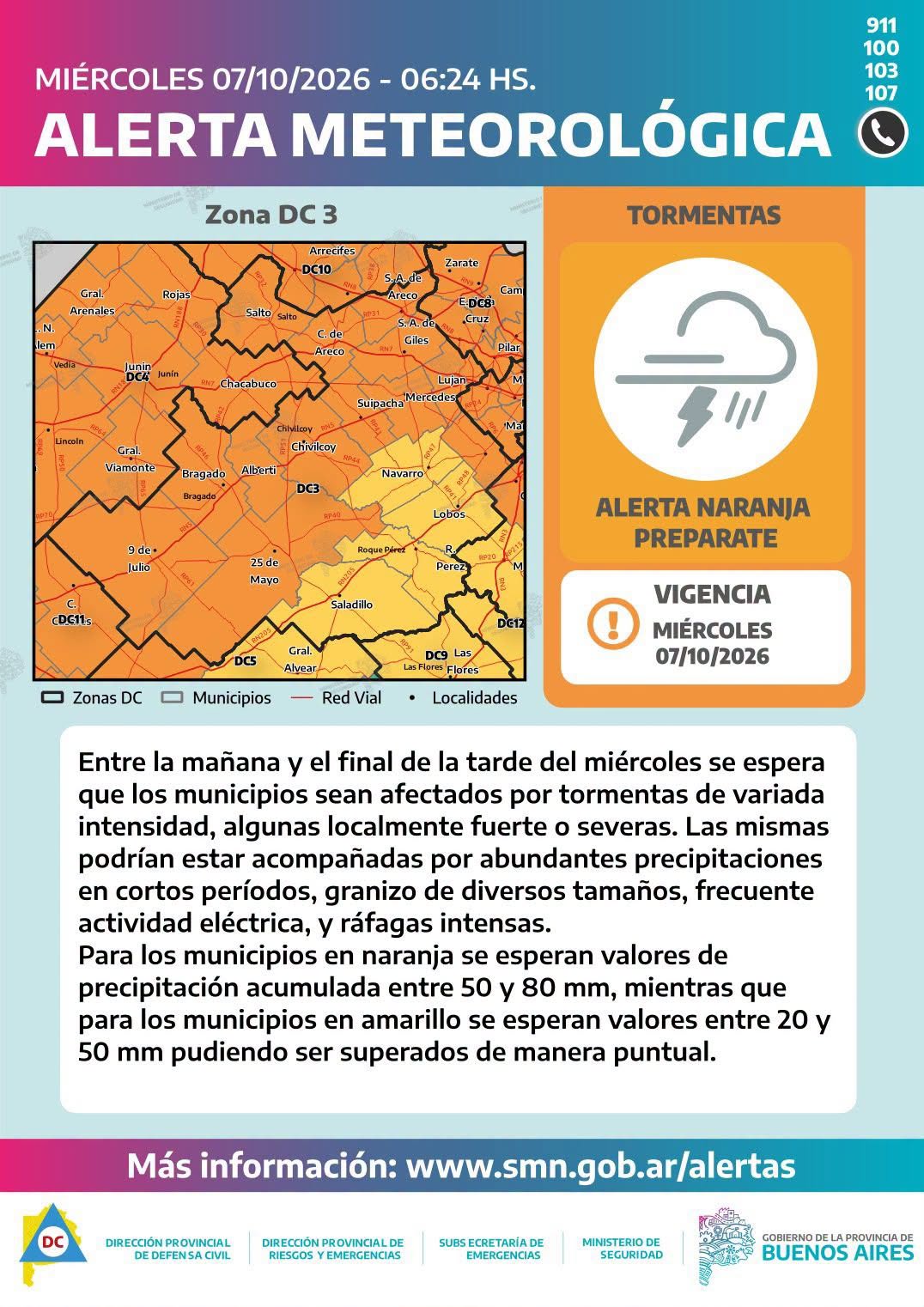 Rige un alerta naranja por tormentas para Chivilcoy y la zona