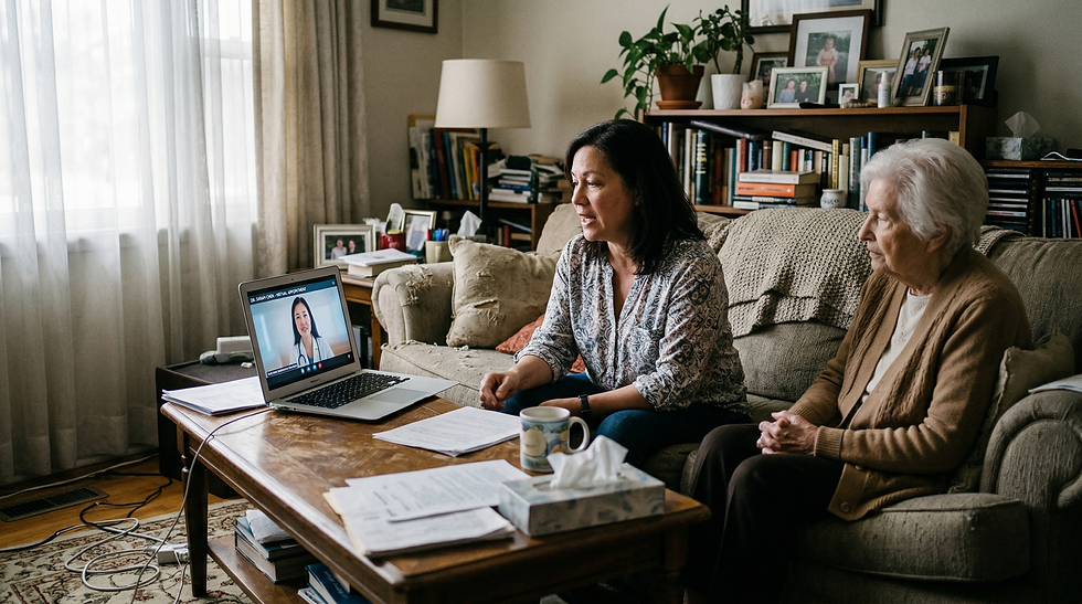 Oakwood resident Eleanor Jenkins, right, 84, and her daughter Maria Garcia connect with their family physician via a telehealth appointment from the comfort of Jenkins’ living room. Garcia assists in navigating the video platform while reviewing medical documents, a method of care that has become an invaluable resource for local seniors, ensuring consistent medical access and reducing the need for travel.