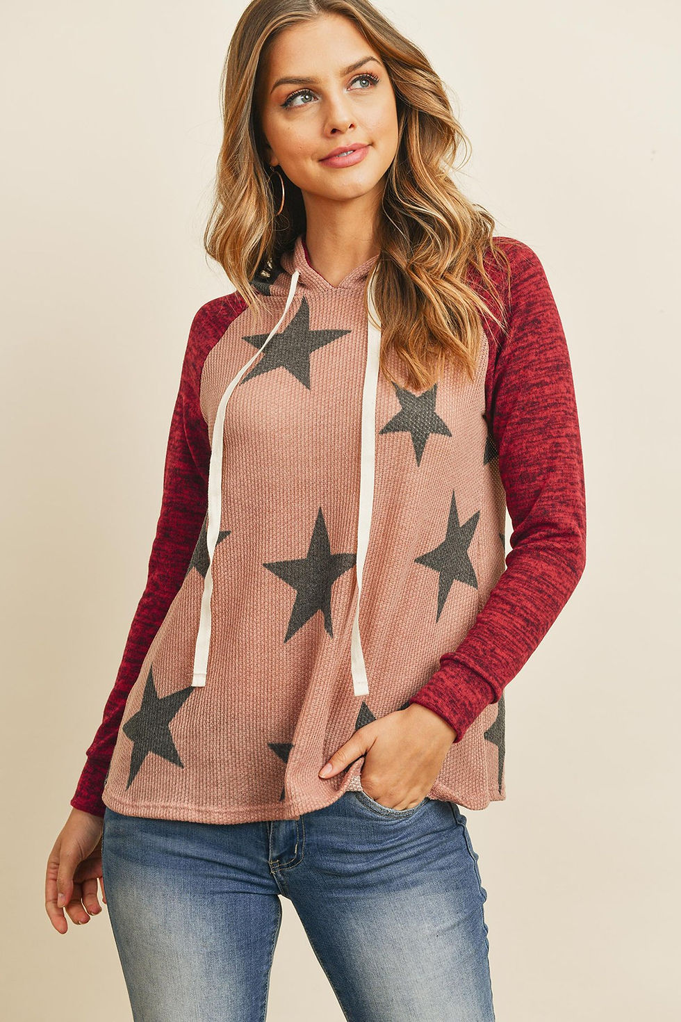 Thumbnail: Brushed Hacci Sleeve Rib Detail Star Print Hoodie With Drawstring
