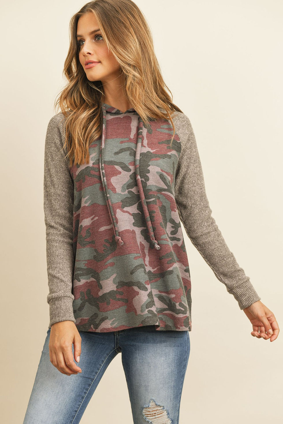 Thumbnail: Self Tie Rib Hacci Brushed Sleeve Camouflage Hoodie