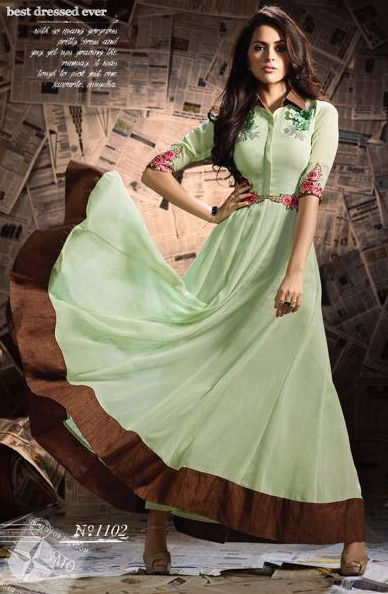 Thumbnail: Mint Green Georgette Floor Length Gown with Silk Border