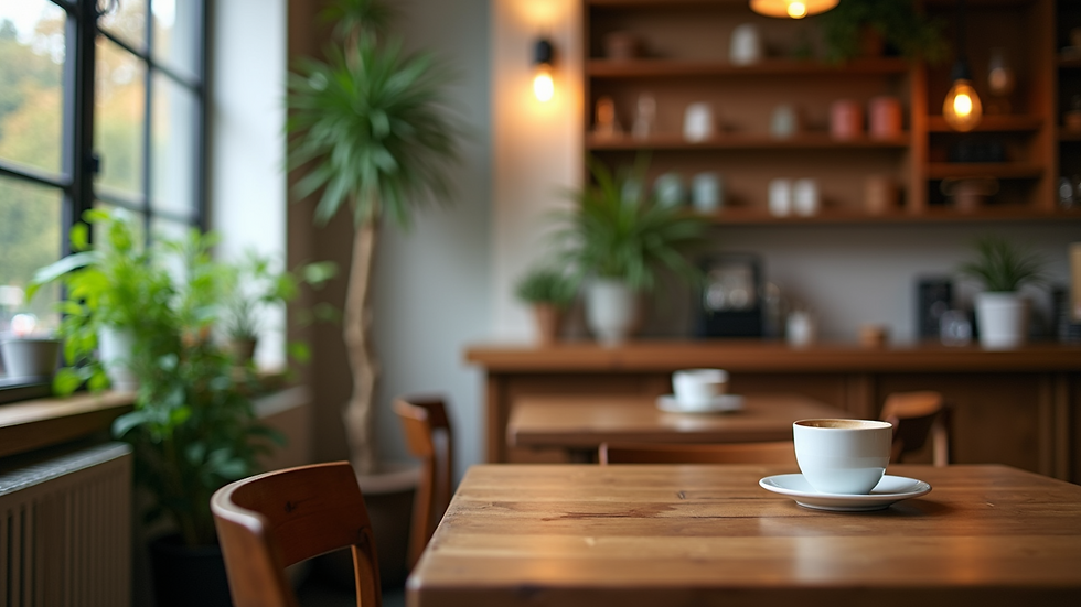 Eye-level view of a cozy cafe interior with wooden tables and plants