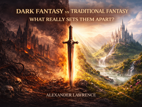 Dark fantasy landscape showing a lone figure facing a ruined, shadowy world, contrasting with a distant light, symbolizing the divide between traditional and dark fantasy.