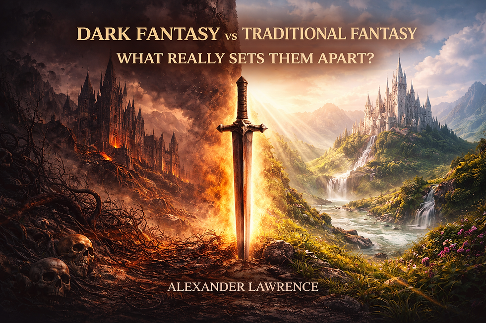 Dark fantasy landscape showing a lone figure facing a ruined, shadowy world, contrasting with a distant light, symbolizing the divide between traditional and dark fantasy.