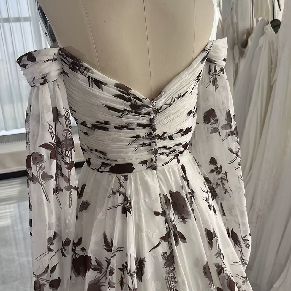 Thumbnail: Floral Chiffon A-Line Wedding Dress – Sweetheart Neckline, Lantern Sleeves, Si