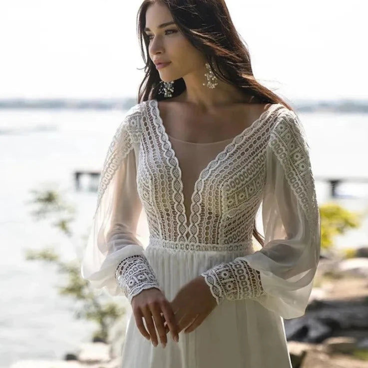 Thumbnail: Bohemian Chiffon Wedding Dress with Lace Appliques and Sweep Train