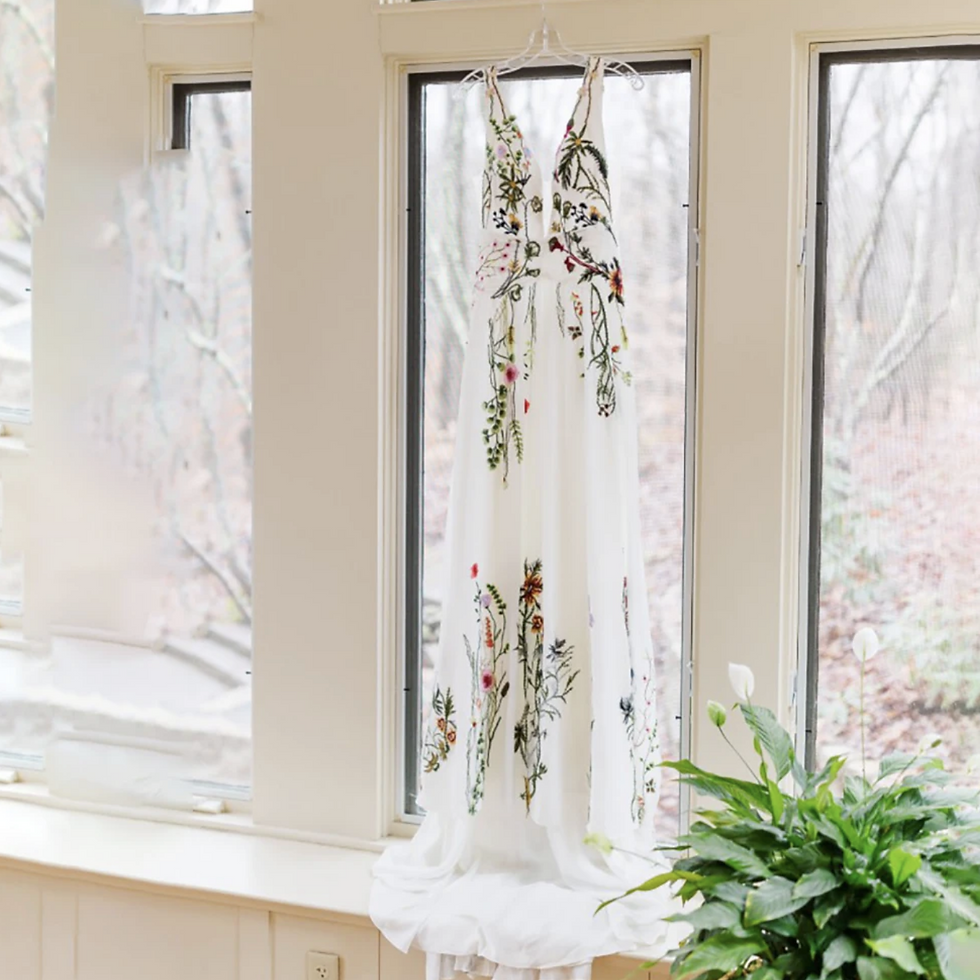 Thumbnail: Enchanted Wildflower A-Line Wedding Dress | Plunging V-Neck Unique Embroidered B