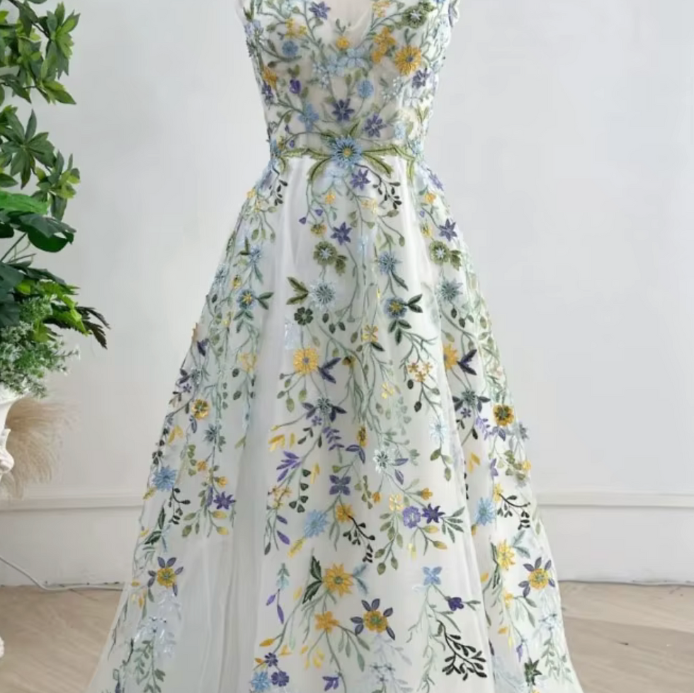 Thumbnail: Whimsical Floral Embroidered Wedding Dress – V-Neck, Backless, Tulle A-Line Go