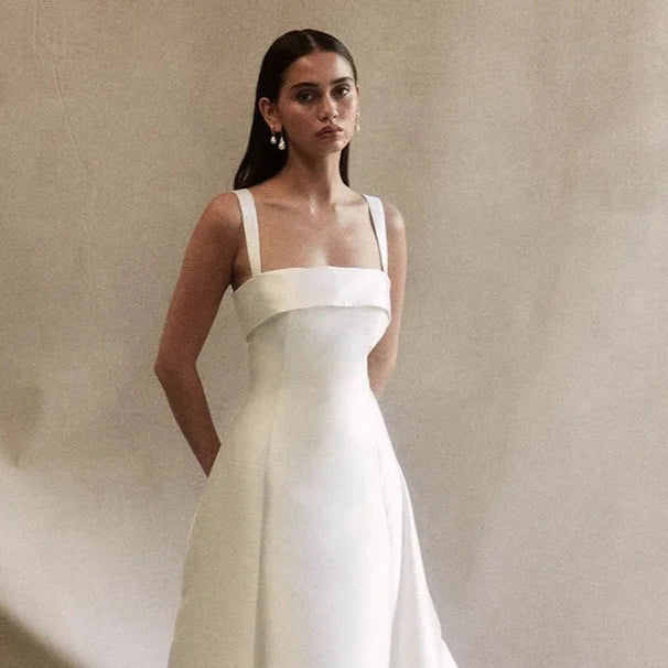 Thumbnail: Elegant Minimalist Satin A-Line Wedding Dress – Sleeveless, Square Neck, Sweep