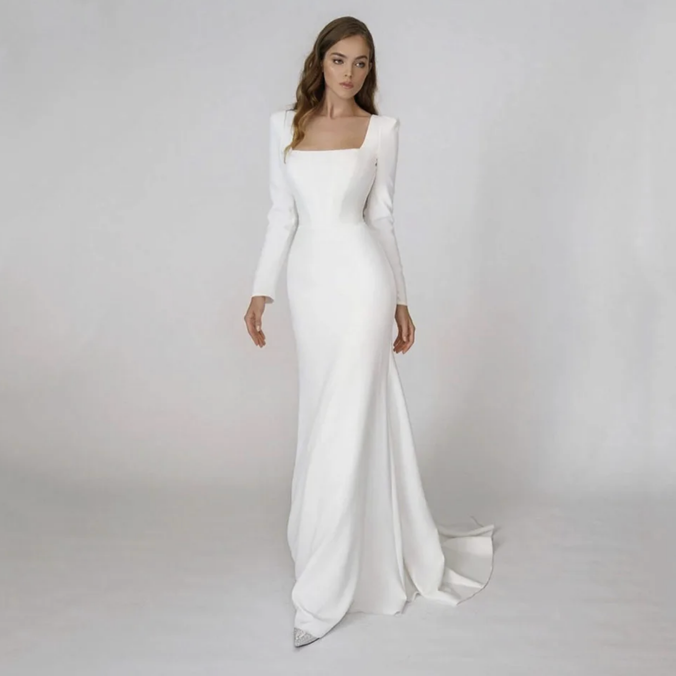 Sleek Satin Mermaid Wedding Dress with Square Neck and Long Sleeves - Elegant Mi