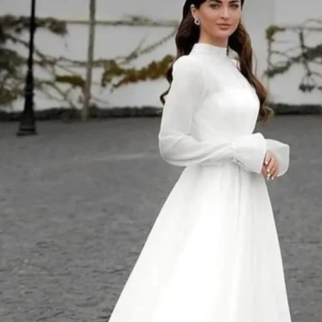 Thumbnail: Modest Organza Wedding Dress – High Neck, Flare Sleeves, Beaded Crystal Belt, 