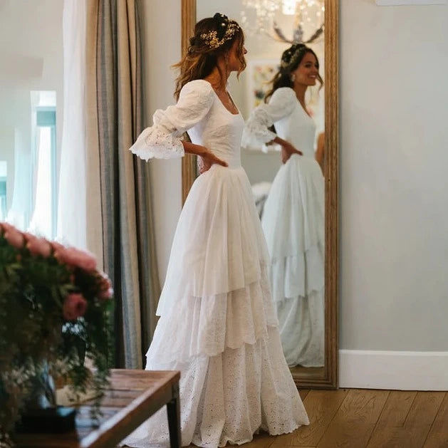 Thumbnail: Rustic Lace Bridal Gown with Flare Sleeves and Cutout Details | Vintage A-Line W