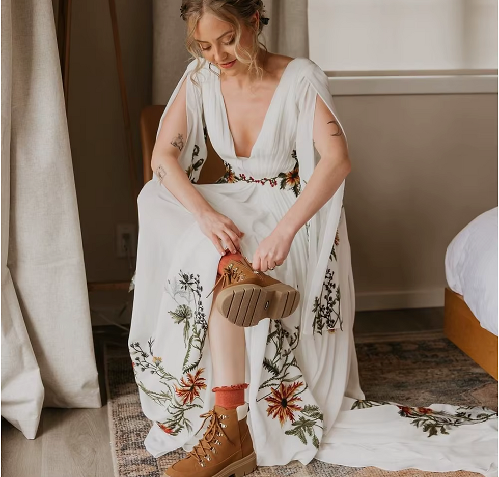 Thumbnail: Boho Chic Embroidered Crepe Chiffon Rustic Wedding Dress – V-Neck, Full Sleeve