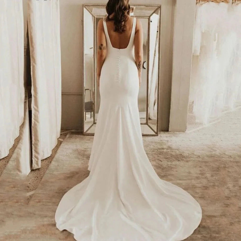 Thumbnail: Chic Minimalist Spaghetti Strap Mermaid Wedding Dress - Square Neck Backless Bri
