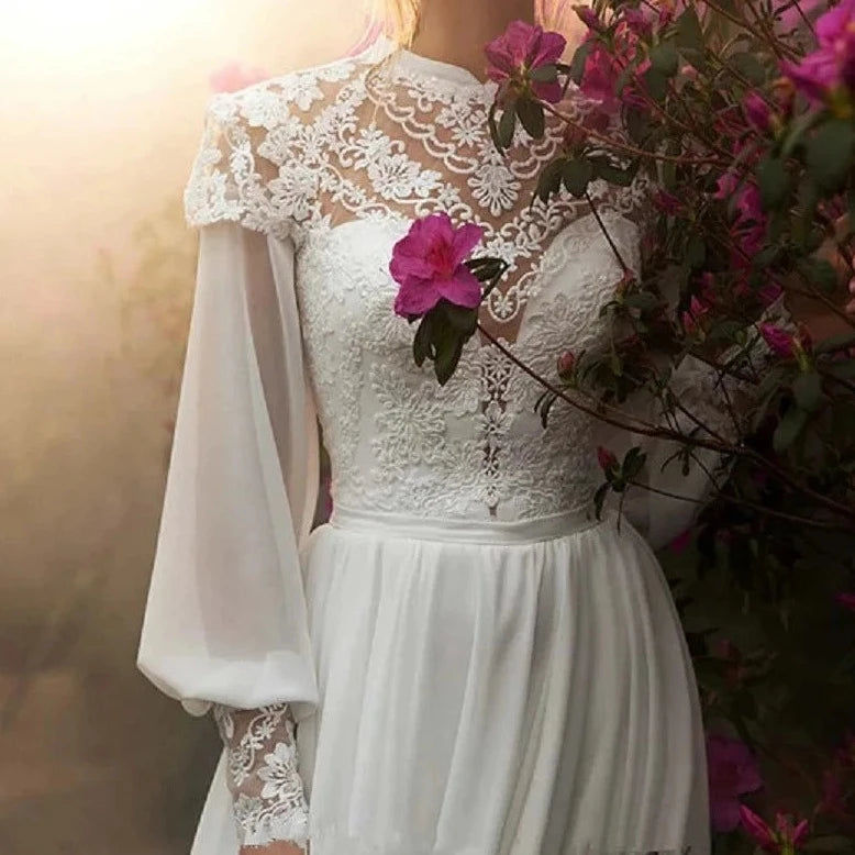 Thumbnail: Vintage Boho Wedding Dress with Long Puffy Sleeves and High Neck Lace