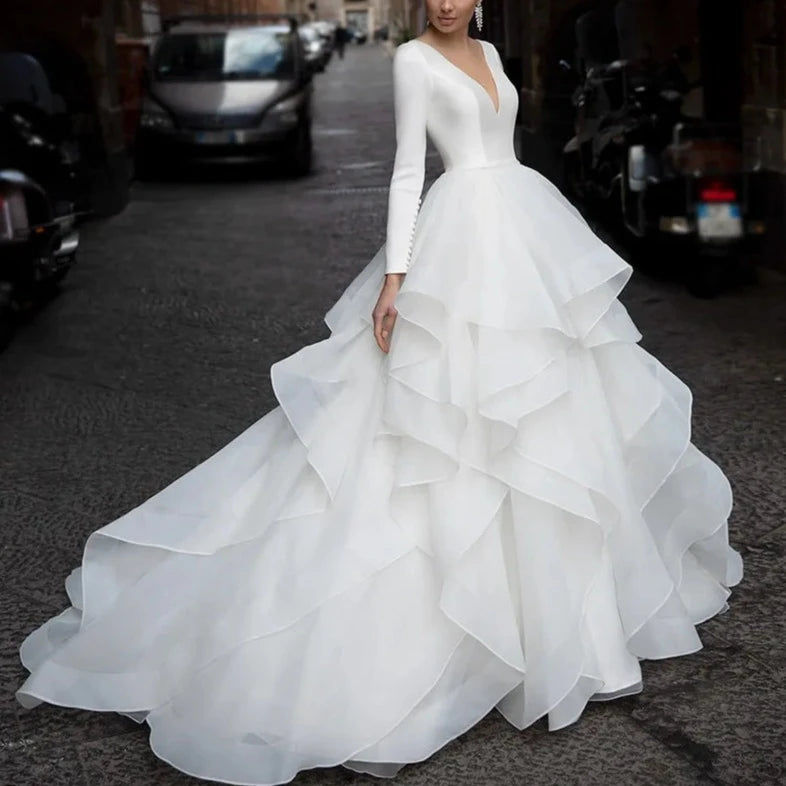 Thumbnail: Satin Ball Gown Wedding Dress with Deep V-Neck and Ruffles – Elegant Backless 