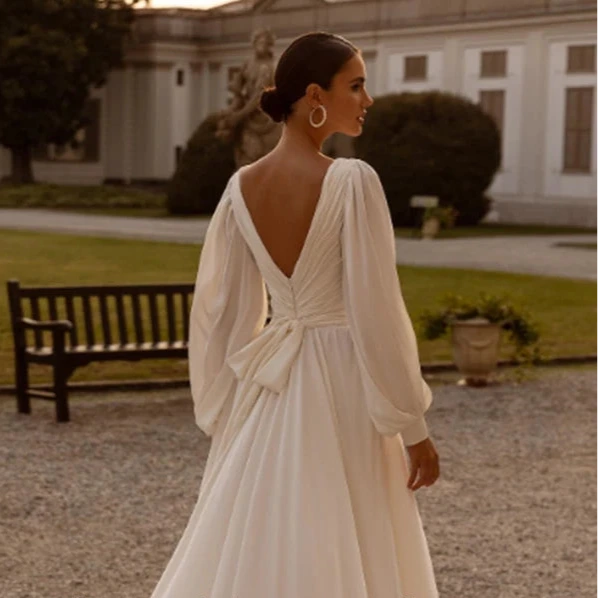 Thumbnail: Elegant Chiffon A-Line Wedding Dress – V-Neck, Puff Sleeves, Backless Design, 