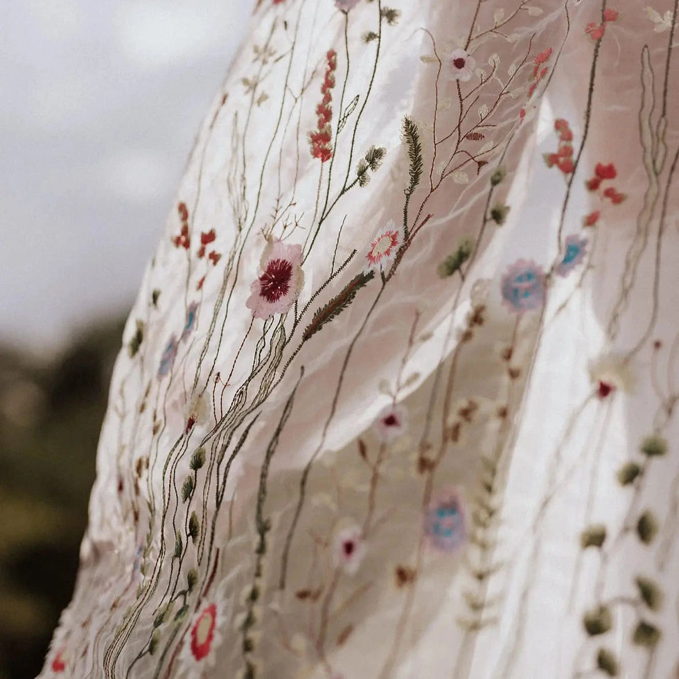 Thumbnail: Boho Polka Dot Floral Embroidery Tulle Wedding Dress with Puffy Sleeves and Keyh