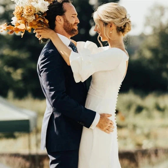 Thumbnail: Chic Minimalist Satin Wedding Dress with V-Neck and Sweep Train - Elegant Backle