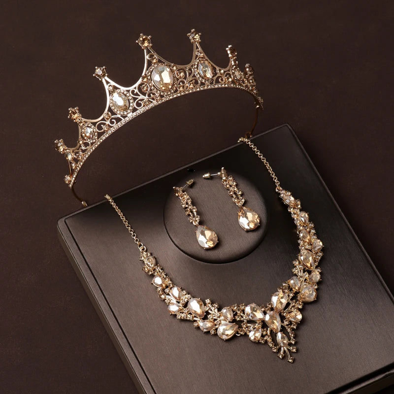 Thumbnail: Luxury Silver Color Crystal Water Drop Bridal Jewelry Set - Rhinestone Tiara wit