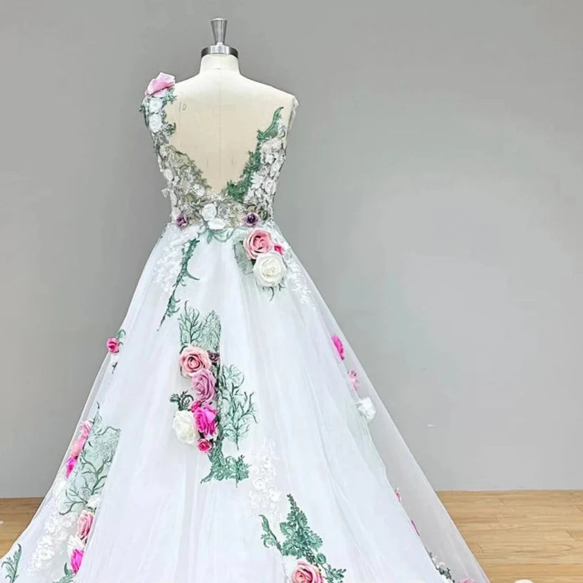 Thumbnail: Luxury Off-the-Shoulder Pastoral Ball Gown Wedding Dress with Hand-Made Floral A