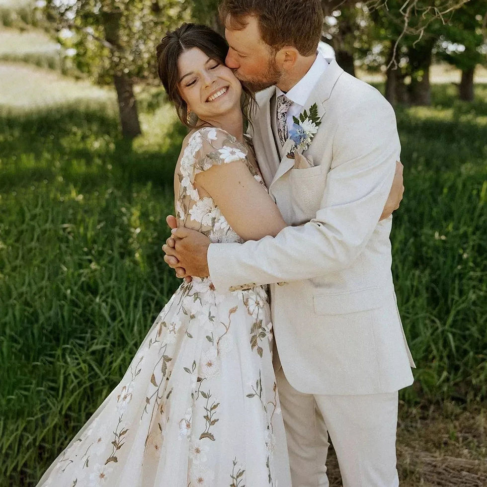 Thumbnail: Romantic Cap Sleeves Embroidered Floral Wedding Dress with Plunge V-Neck and Swe