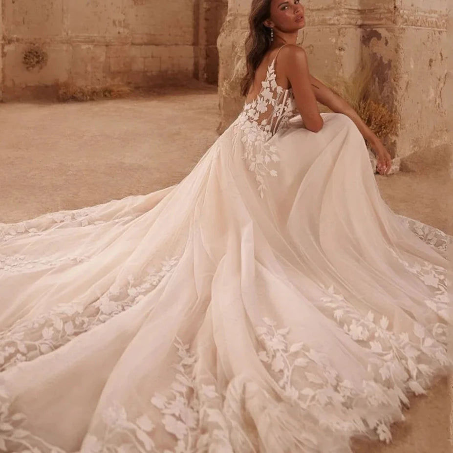 Thumbnail: Spaghetti Straps Glitter Wedding Dress | Shiny Tulle V-Neck Boho Bridal Gown wit