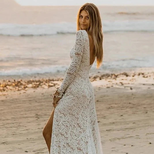 Thumbnail: Boho Lace Mermaid Wedding Dress with Full Sleeves, O-Neck, and Backless Design