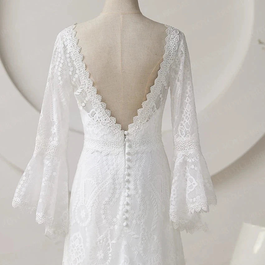 Thumbnail: Vintage Bohemian Lace Wedding Dress with Flare Sleeves and Scoop Neckline