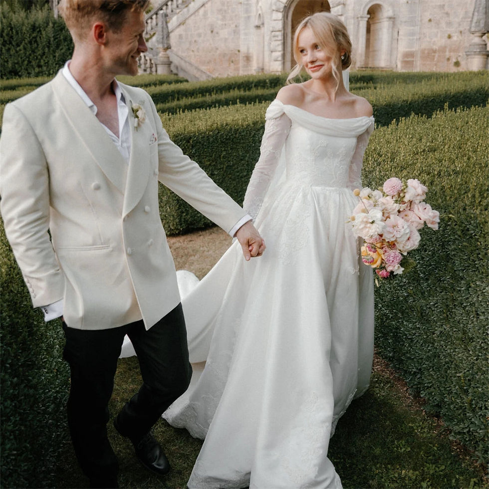 Thumbnail: Elegant Off-Shoulder Satin Ball Gown – Lace Appliques, Sweep Train, Princess W