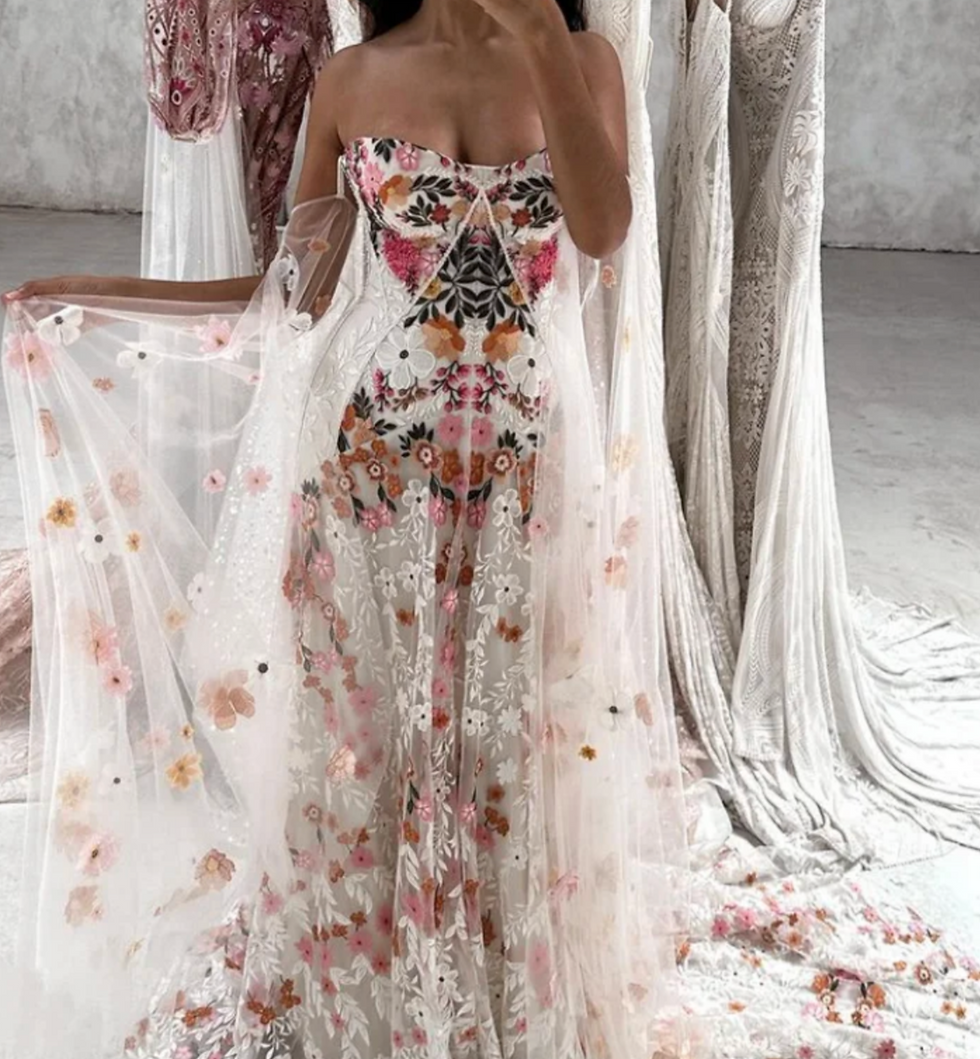 Thumbnail: Floral Embroidery Wedding Dress | Boho A-Line Lace Bridal Gown
