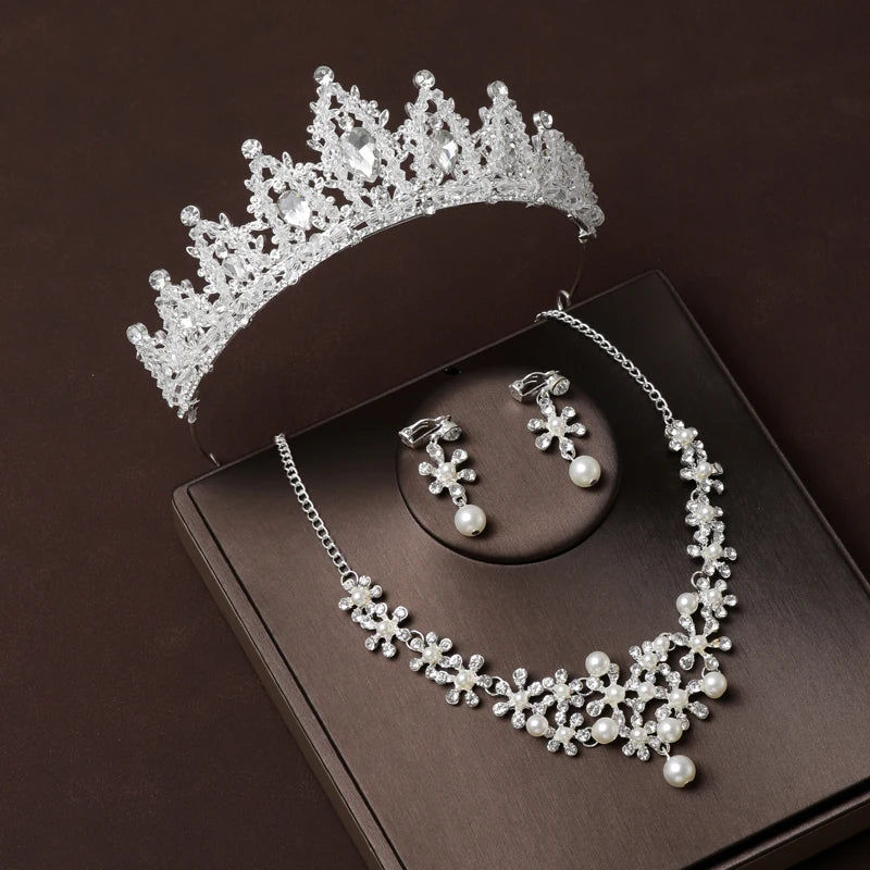 Thumbnail: Luxury Silver Color Crystal Water Drop Bridal Jewelry Set - Rhinestone Tiara wit