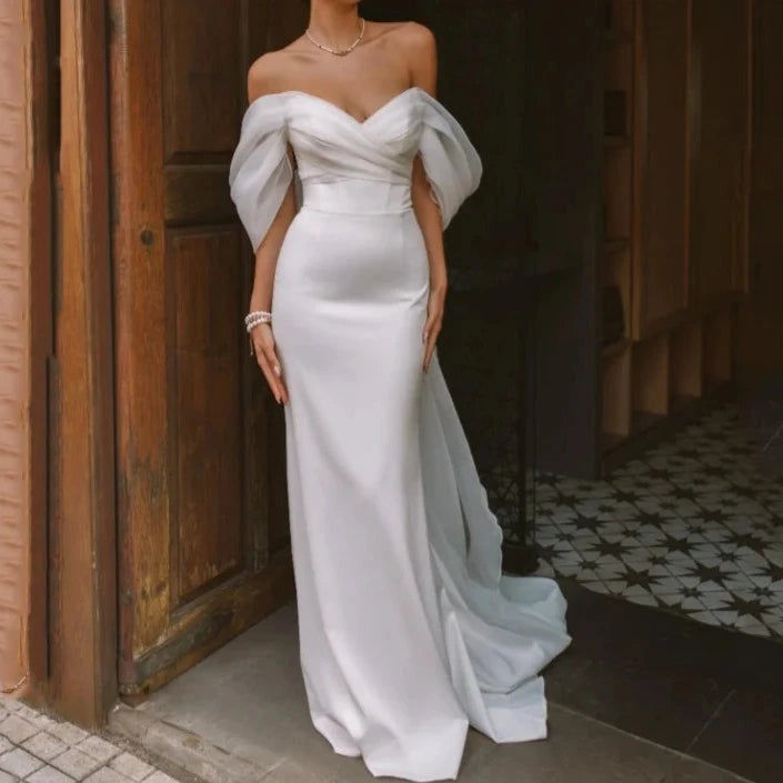 Thumbnail: Elegant Off-The-Shoulder Sweetheart Mermaid Wedding Dress | Satin Open Back Brid